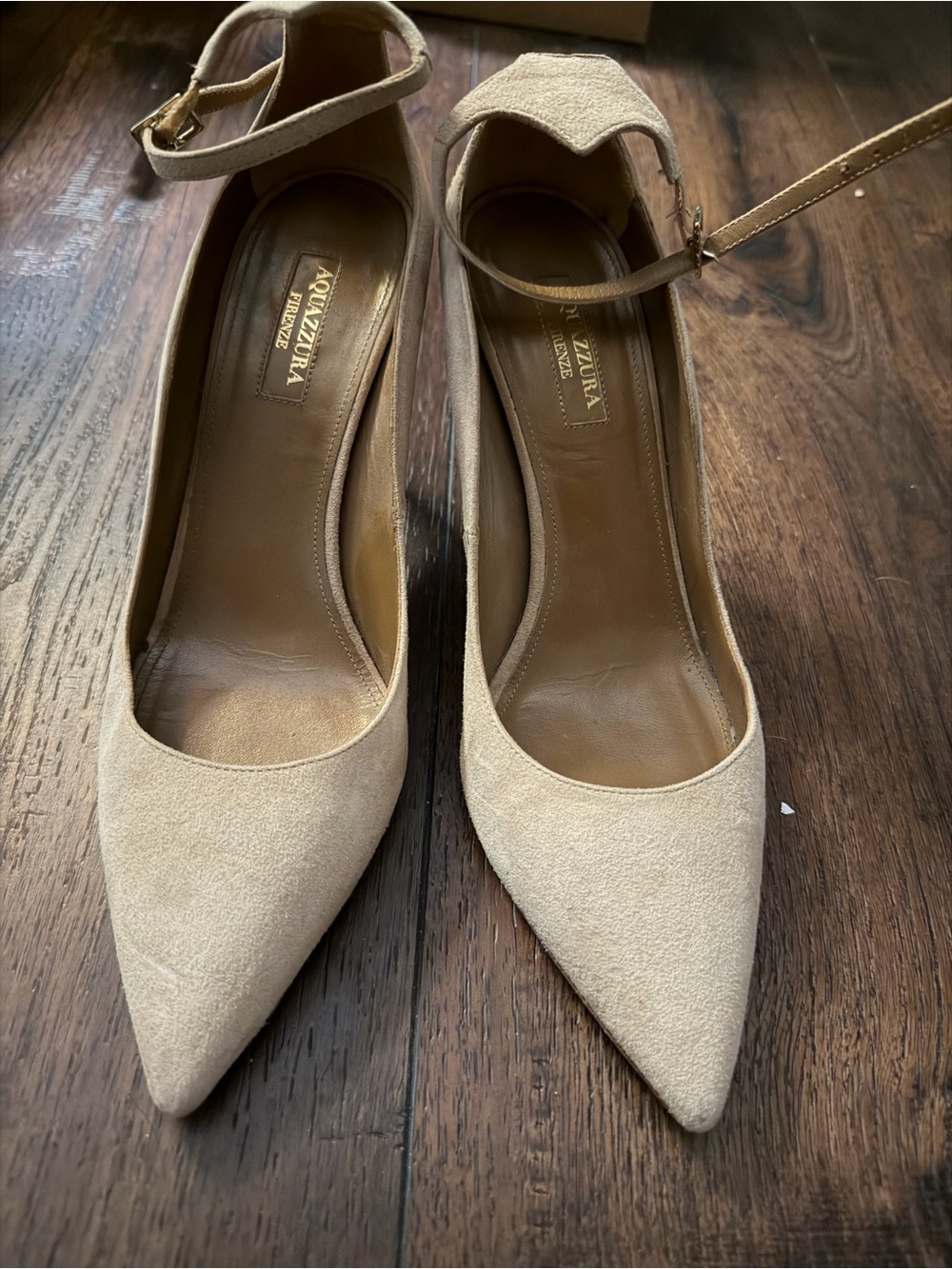 Aquazzura Firenze Nude Suede Pointed Toe Ankle Strap Pumps EU 39